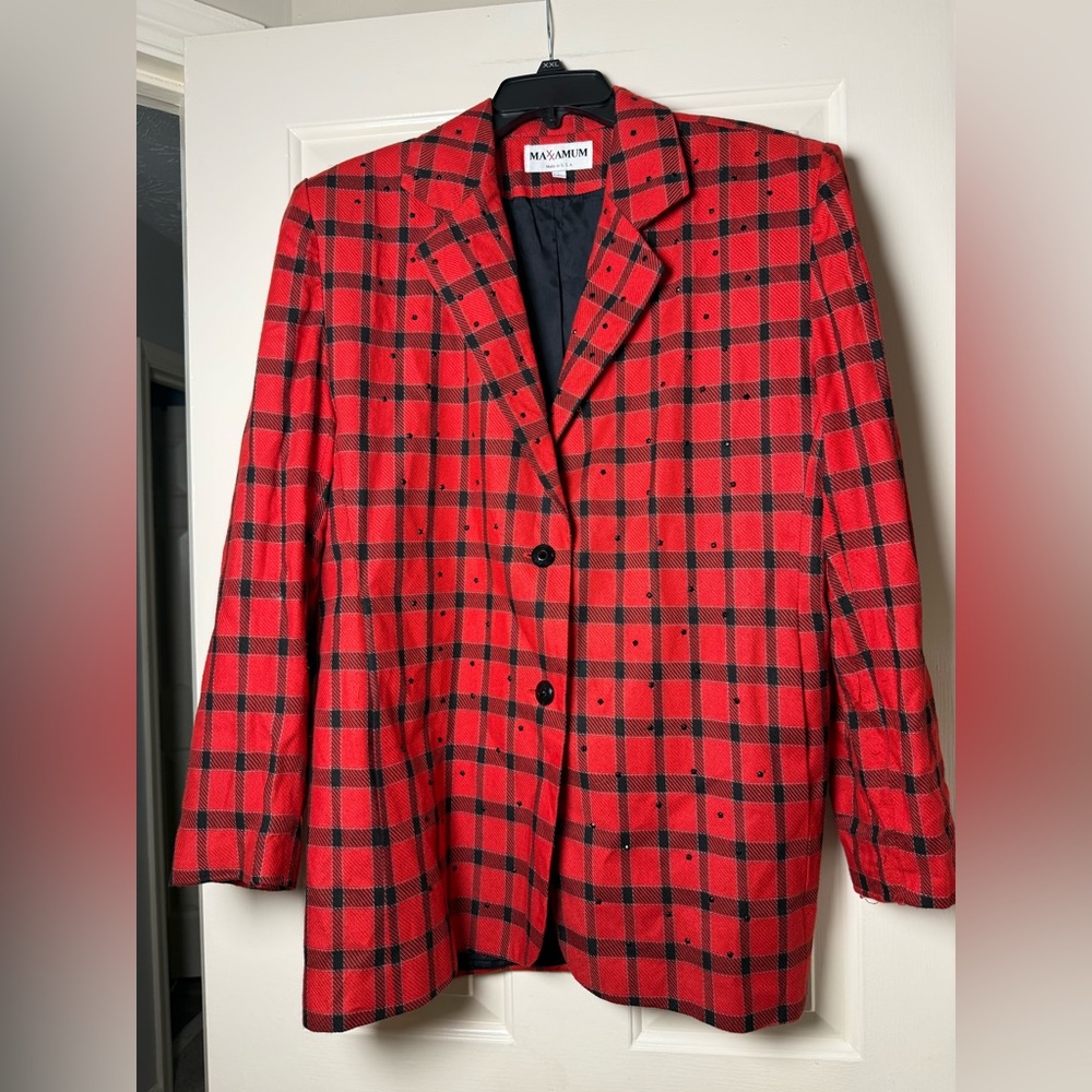 Maxamum vintage red and black plaid blazer with black rhinestone embellishments